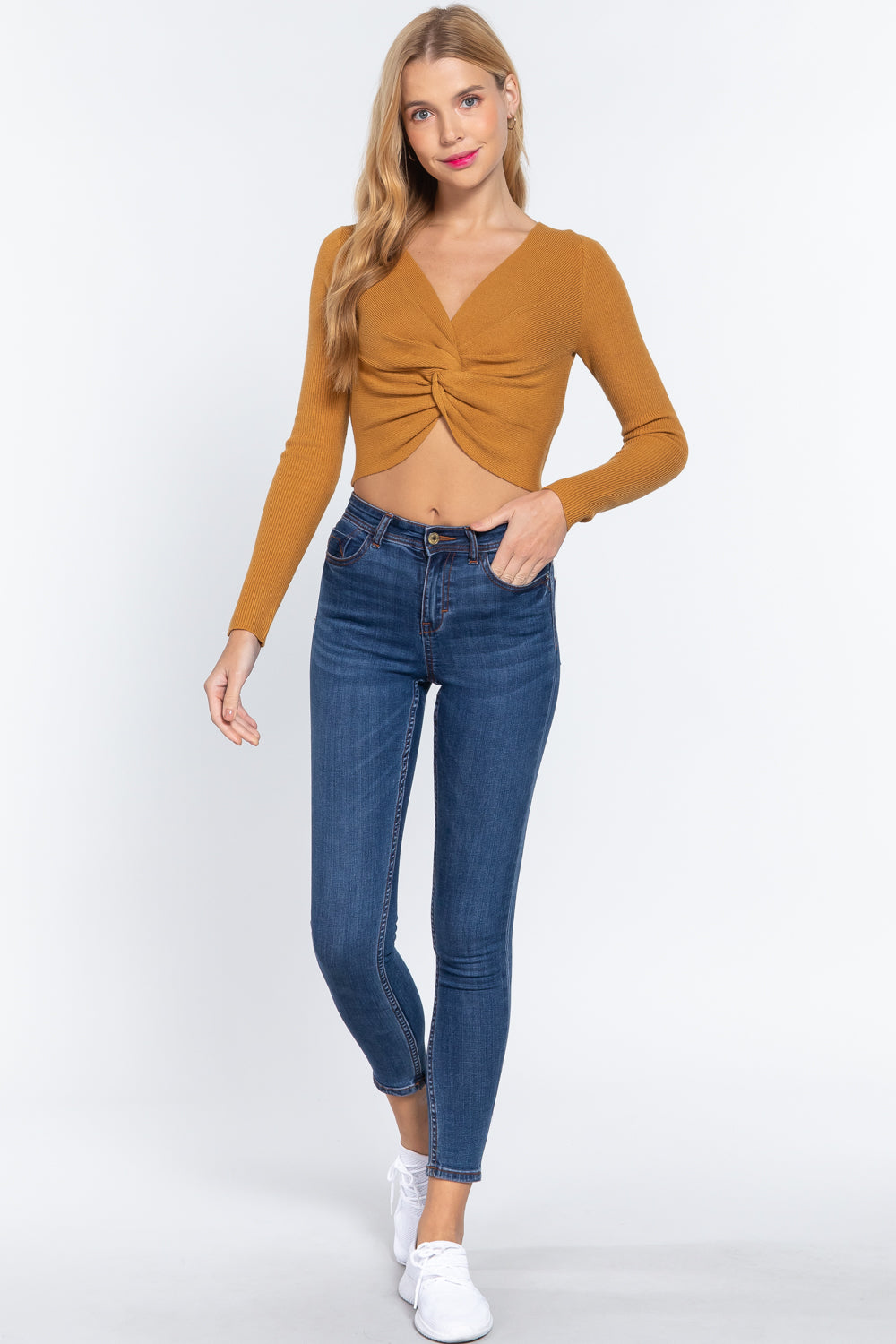 V-neck Front Knotted Crop Sweater - Absolute Fashion 2020