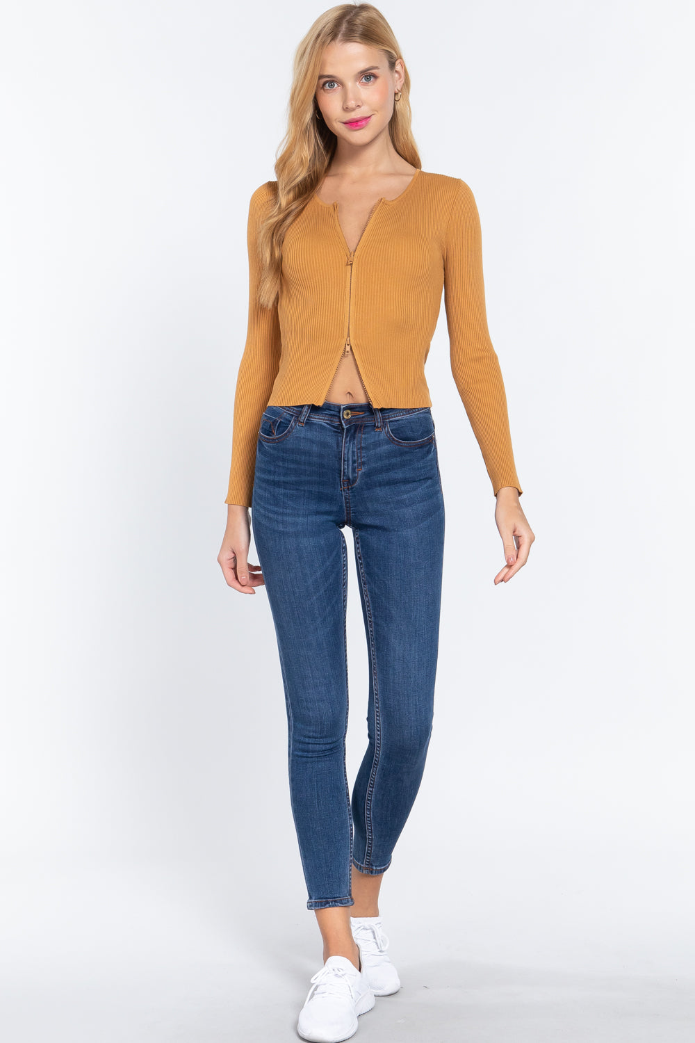 Rib Sweater Top W/front Zipper - Absolute Fashion 2020