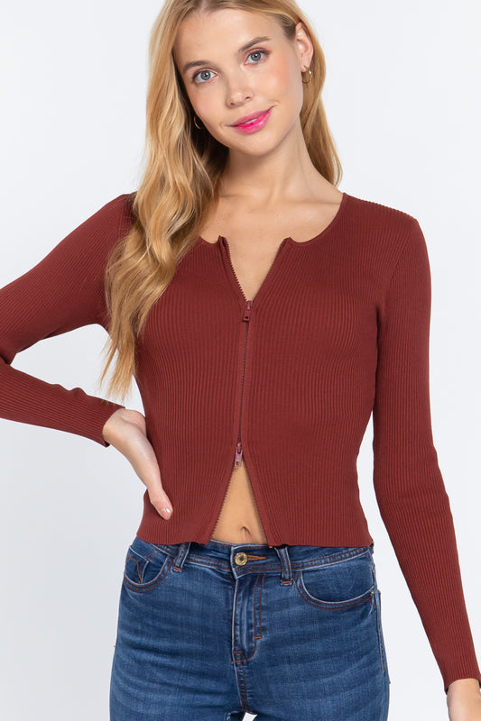 Rib Sweater Top W/front Zipper - Absolute Fashion 2020