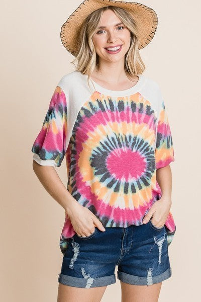 French Terry Tie Dye Printed Casual Mini Bubble Sleeves Tunic Top - Absolute Fashion 2020