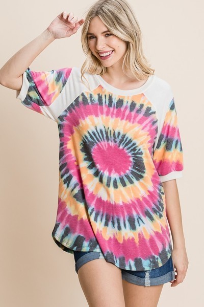 French Terry Tie Dye Printed Casual Mini Bubble Sleeves Tunic Top - Absolute Fashion 2020