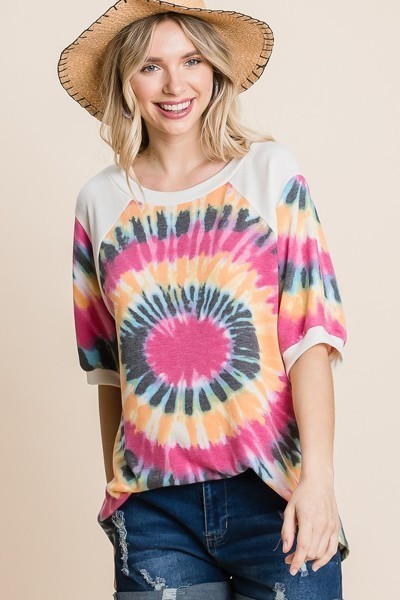 French Terry Tie Dye Printed Casual Mini Bubble Sleeves Tunic Top - Absolute Fashion 2020