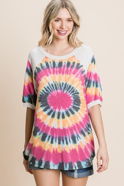 French Terry Tie Dye Printed Casual Mini Bubble Sleeves Tunic Top - Absolute Fashion 2020