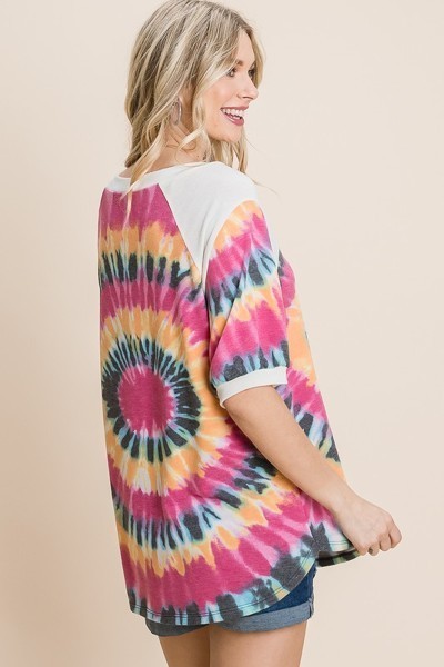 French Terry Tie Dye Printed Casual Mini Bubble Sleeves Tunic Top - Absolute Fashion 2020