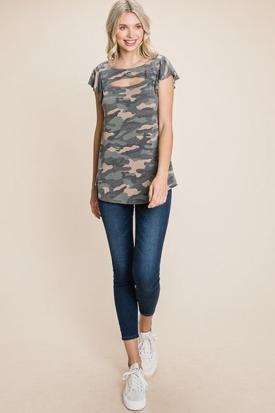 Army Camo Printed Cut Out Neckline Short Flutter Sleeves Casual Basic Top - Absolute Fashion 2020