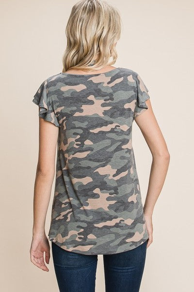 Army Camo Printed Cut Out Neckline Short Flutter Sleeves Casual Basic Top - Absolute Fashion 2020