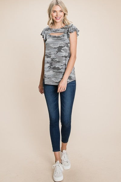 Army Camo Printed Cut Out Neckline Short Flutter Sleeves Casual Basic Top - Absolute Fashion 2020