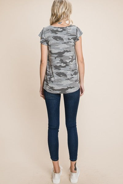Army Camo Printed Cut Out Neckline Short Flutter Sleeves Casual Basic Top - Absolute Fashion 2020
