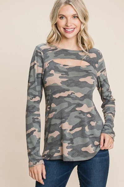 Army Camo Printed Cut Out Neckline Long Sleeves Casual Basic Top - Absolute Fashion 2020