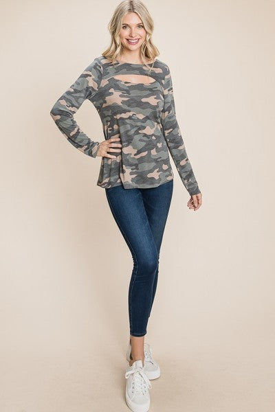 Army Camo Printed Cut Out Neckline Long Sleeves Casual Basic Top - Absolute Fashion 2020