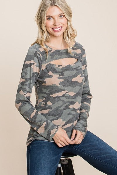 Army Camo Printed Cut Out Neckline Long Sleeves Casual Basic Top - Absolute Fashion 2020