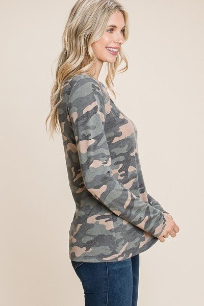 Army Camo Printed Cut Out Neckline Long Sleeves Casual Basic Top - Absolute Fashion 2020