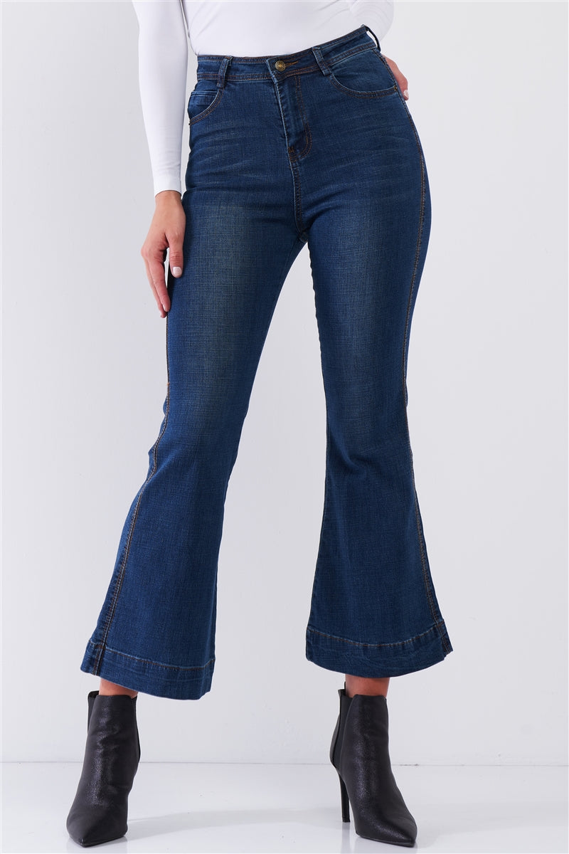 Blue Denim High Waisted Ankle Length Bell Bottom Flare Jeans - Absolute Fashion 2020