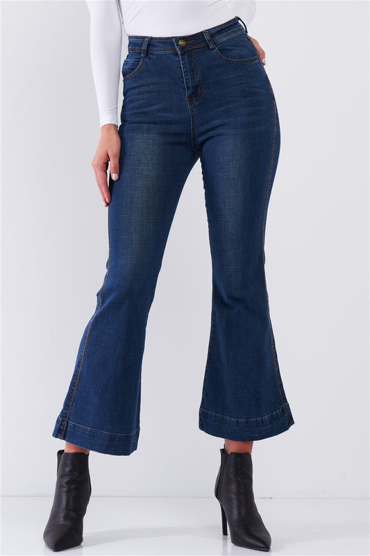 Blue Denim High Waisted Ankle Length Bell Bottom Flare Jeans - Absolute Fashion 2020