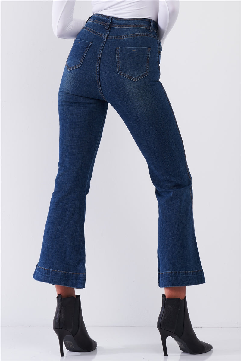 Blue Denim High Waisted Ankle Length Bell Bottom Flare Jeans - Absolute Fashion 2020
