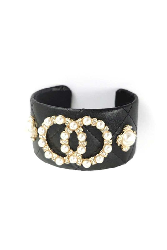 Fashion Pearl Double Round Studded Faux Leather Cuff Bracelet - Absolute Fashion 2020