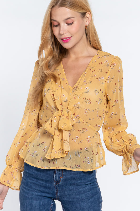 Ruffle Slv Peplum Print Woven Top - Absolute Fashion 2020