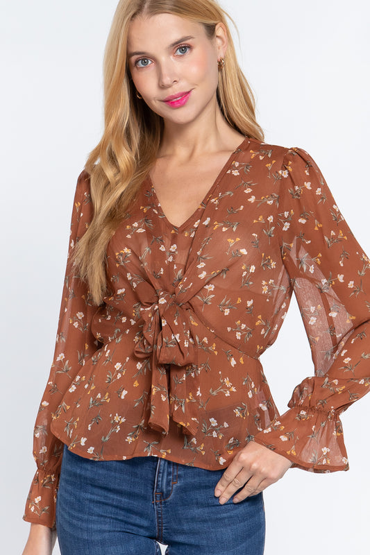 Ruffle Slv Peplum Print Woven Top - Absolute Fashion 2020