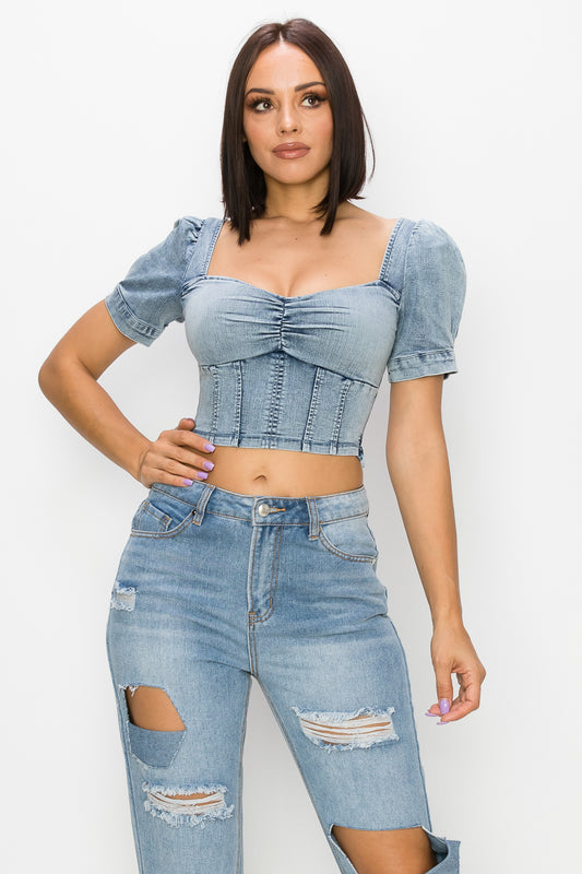 Acid Wash Puff-sleeve Crop Top - Absolute Fashion 2020