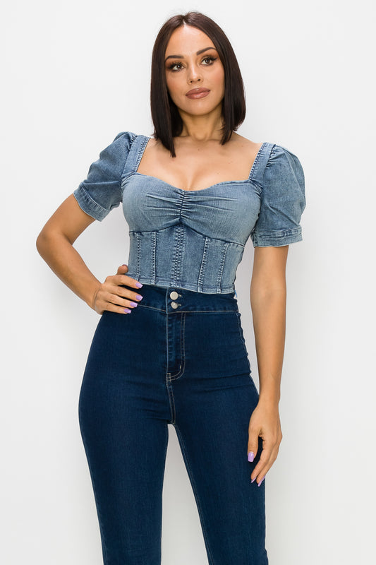 Acid Wash Puff-sleeve Crop Top - Absolute Fashion 2020