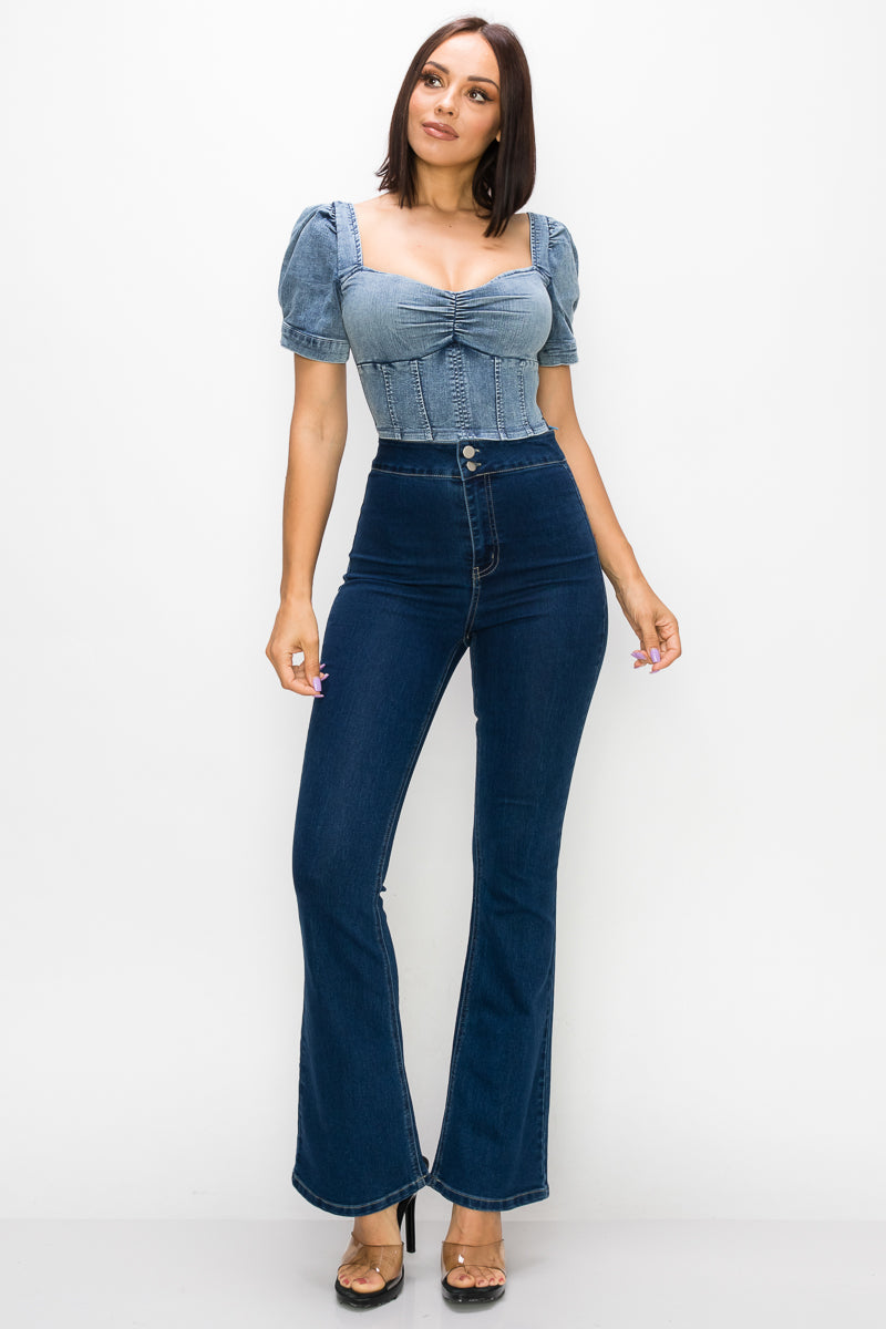 Acid Wash Puff-sleeve Crop Top - Absolute Fashion 2020