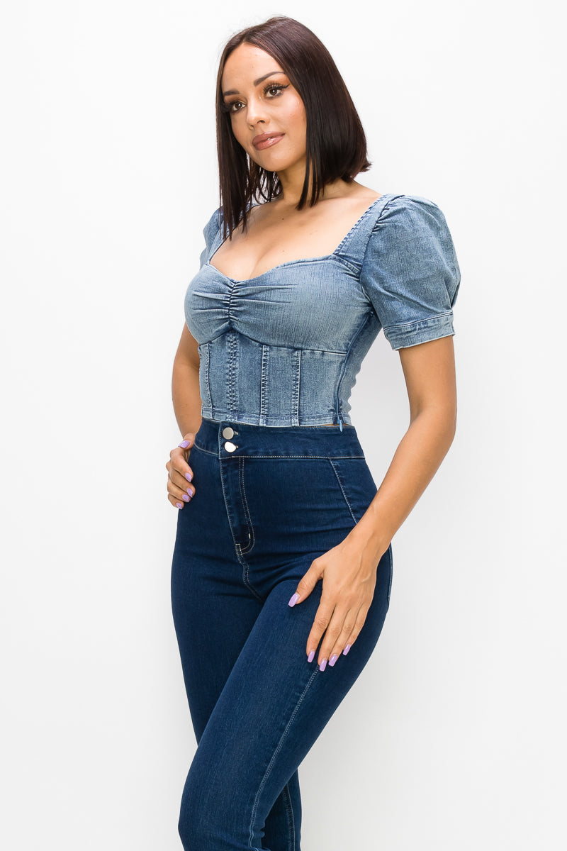 Acid Wash Puff-sleeve Crop Top - Absolute Fashion 2020