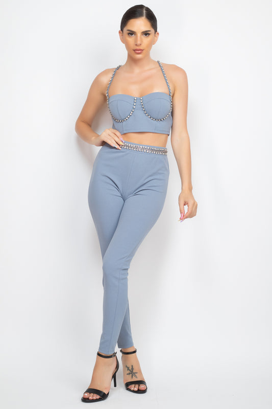 Stone Embellished Top And Pants Set - Absolute Fashion 2020