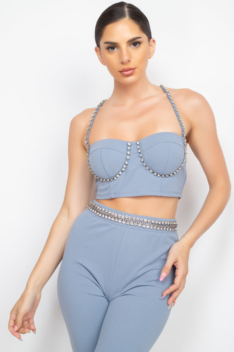 Stone Embellished Top And Pants Set - Absolute Fashion 2020