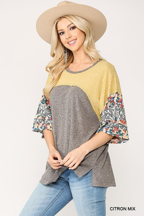 Colorblock Knit And Floral Print Mixed Top With Dolman Sleeve - Absolute Fashion 2020