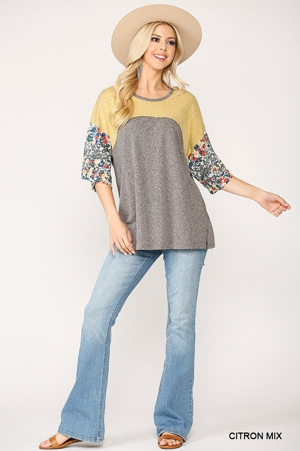 Colorblock Knit And Floral Print Mixed Top With Dolman Sleeve - Absolute Fashion 2020