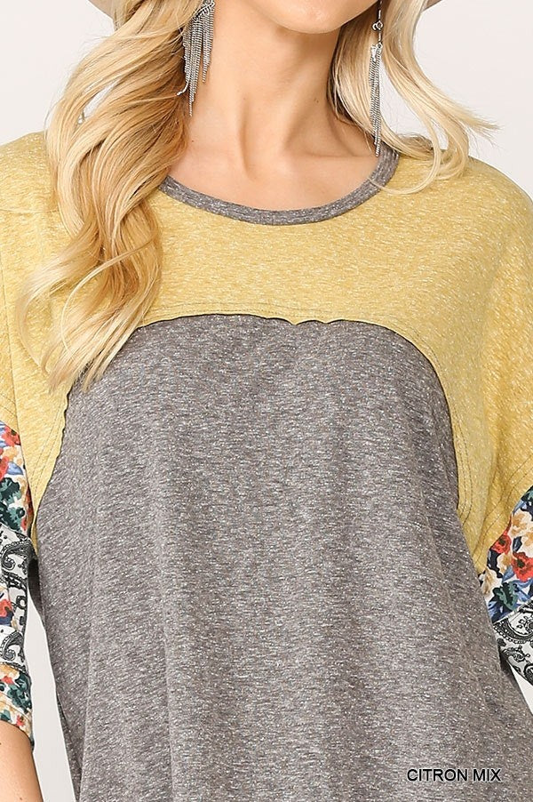 Colorblock Knit And Floral Print Mixed Top With Dolman Sleeve - Absolute Fashion 2020