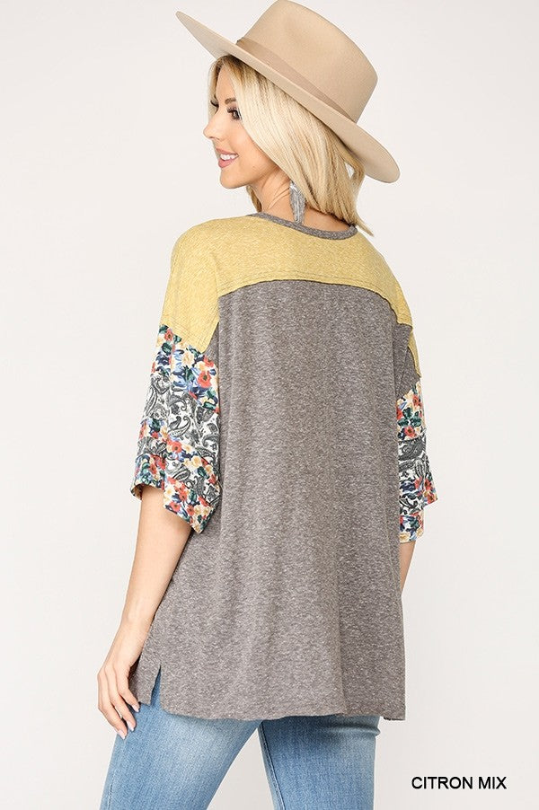 Colorblock Knit And Floral Print Mixed Top With Dolman Sleeve - Absolute Fashion 2020