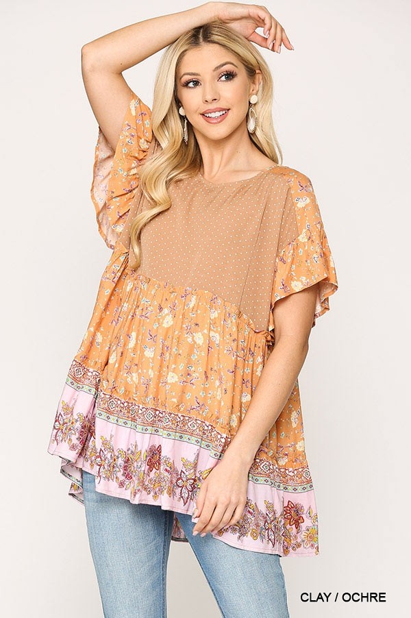 Dot And Floral Print Mixed Ruffle Top With Back Keyhole - Absolute Fashion 2020