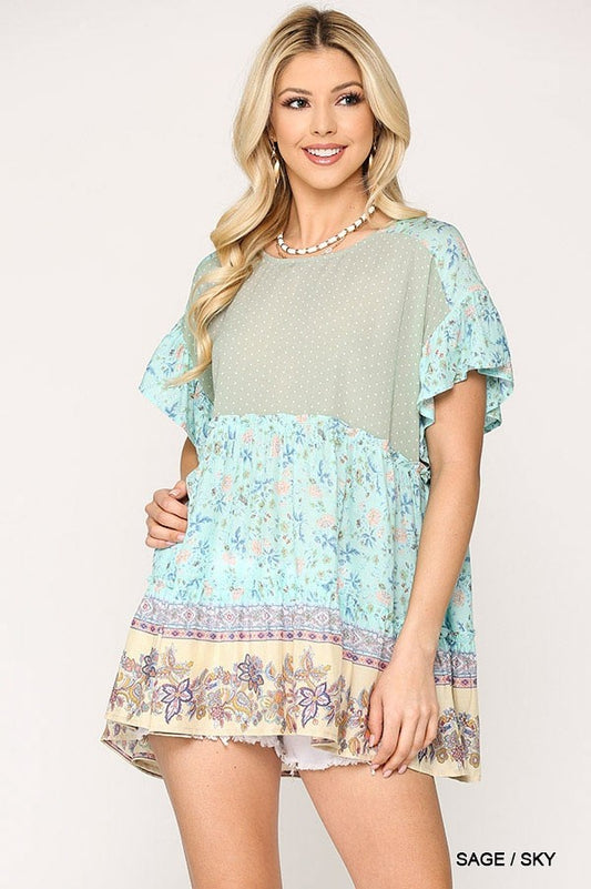 Dot And Floral Print Mixed Ruffle Top With Back Keyhole - Absolute Fashion 2020