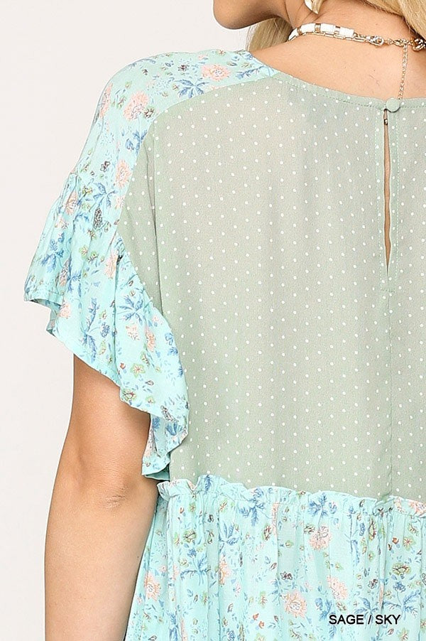 Dot And Floral Print Mixed Ruffle Top With Back Keyhole - Absolute Fashion 2020