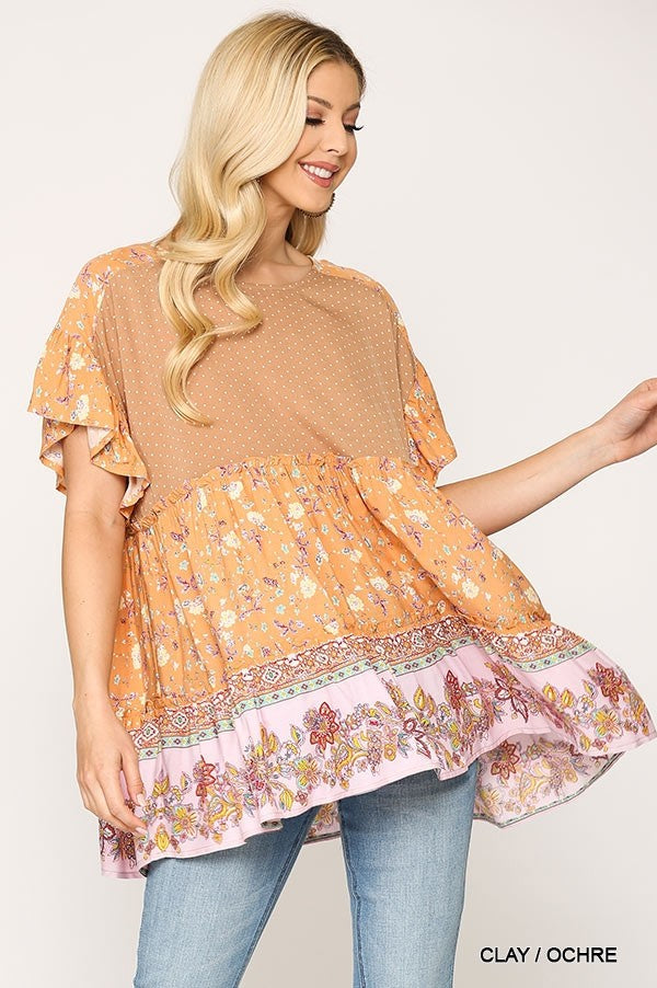 Dot And Floral Print Mixed Ruffle Top With Back Keyhole - Absolute Fashion 2020