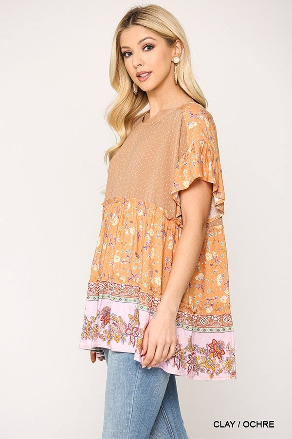 Dot And Floral Print Mixed Ruffle Top With Back Keyhole - Absolute Fashion 2020