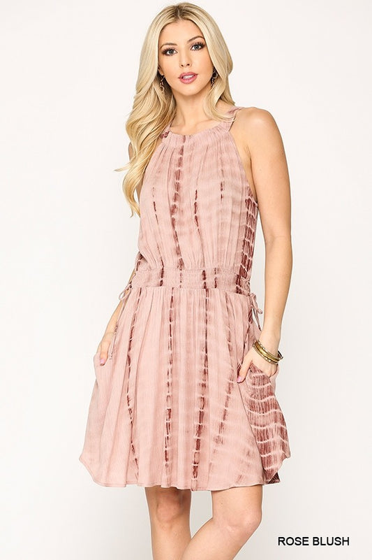 Tie Dye Halter Neck Waist Smocked Dress With Side Tie And Pockets - Absolute Fashion 2020