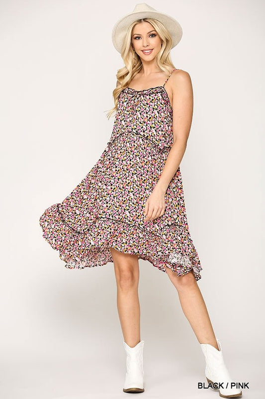 Ditsy Floral Print Sleeveless Dress With Lace Trim - Absolute Fashion 2020