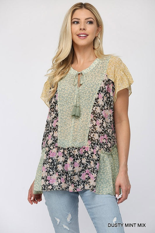 Floral Mixed Print Chiffon Short Top With Front Tassel Tie - Absolute Fashion 2020