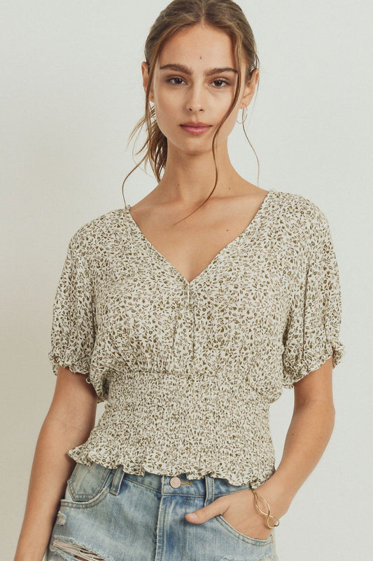 Puff Sleeve Smocked Waist Surplice Top - Absolute Fashion 2020