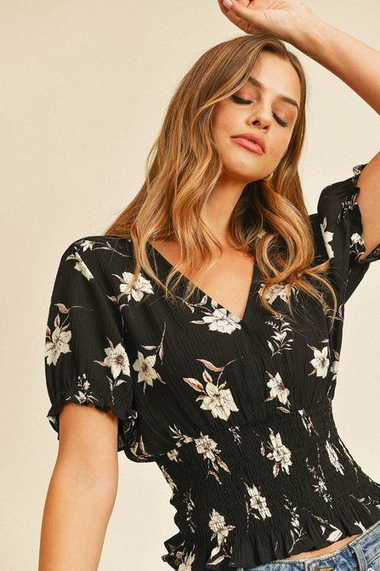 Puff Sleeve Smocked Waist Surplice Top - Absolute Fashion 2020