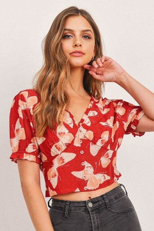 Butterfly Vneck Crop Smocked Back Waist - Absolute Fashion 2020