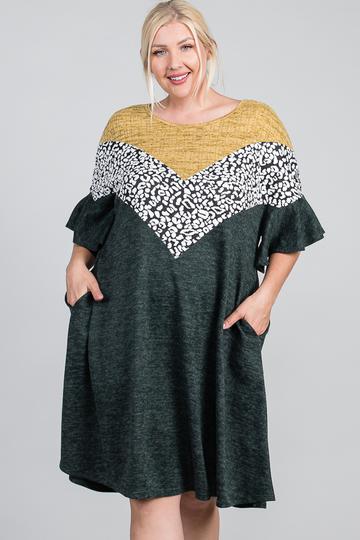 Ruffled Sleeve A Line Hidden Pocket Color Block Dress - Absolute Fashion 2020