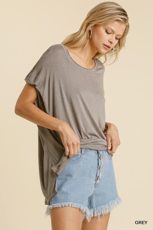 Short Sheer Dolman Sleeve Scoop Neck Top With Side Slit - Absolute Fashion 2020