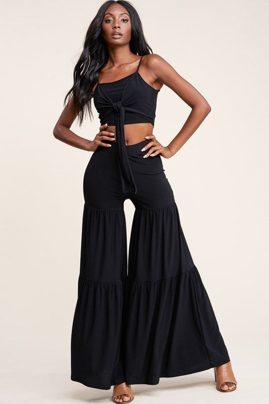 Solid Tie Front Spaghetti Strap Tank Top And Tiered Wide Leg Pants Two Piece Set - Absolute Fashion 2020