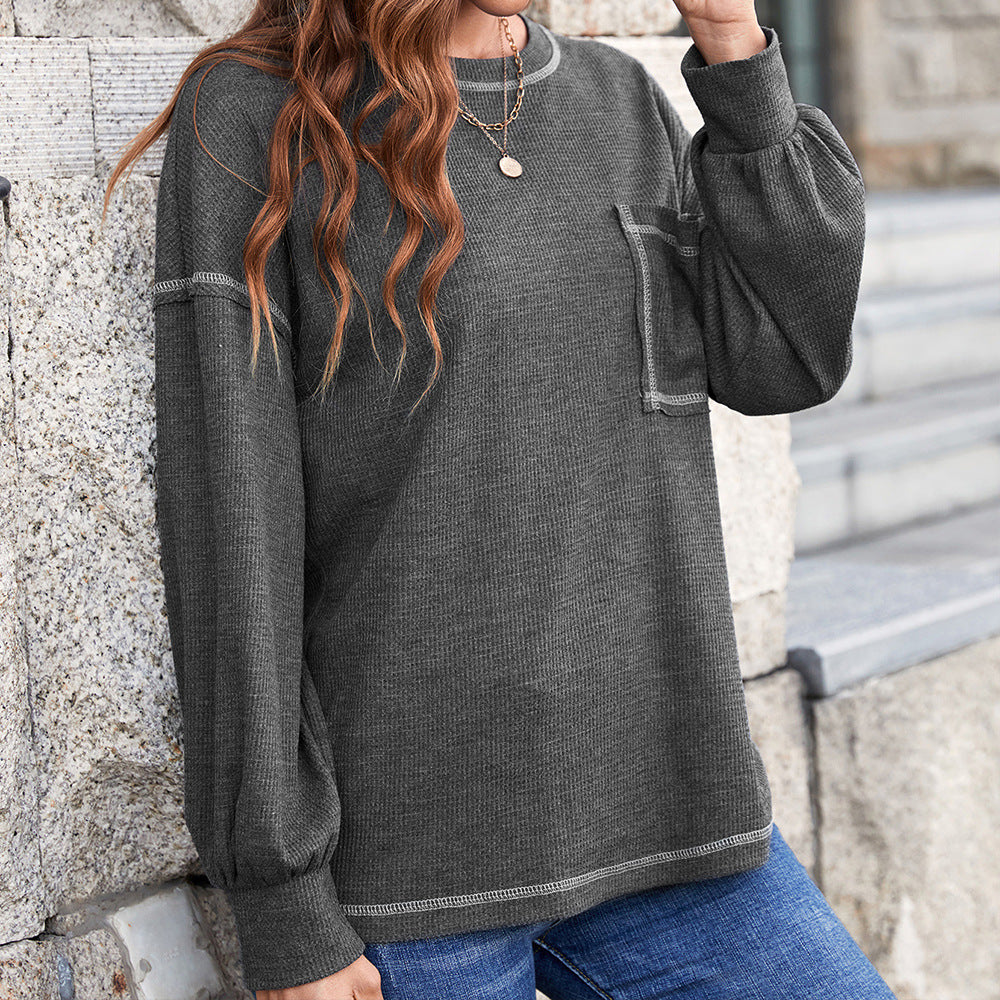 Contrast Stitch Lantern Sleeve Tee with Breast Pocket
