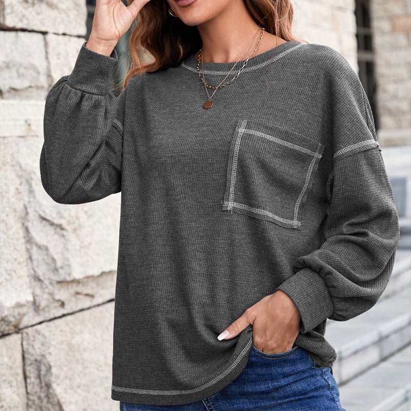 Contrast Stitch Lantern Sleeve Tee with Breast Pocket