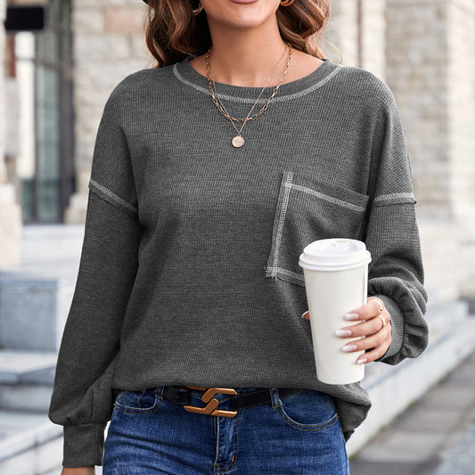 Contrast Stitch Lantern Sleeve Tee with Breast Pocket
