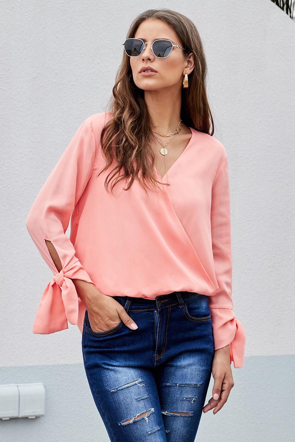 V Neck Ruched Tie Sleeve Top - Absolute Fashion 2020